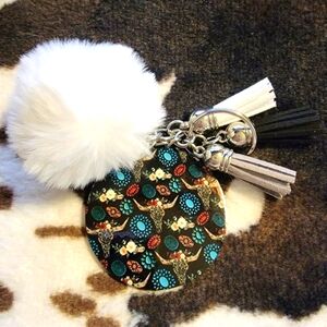 Bull Skull Western Pom Pom Tassel Keychain